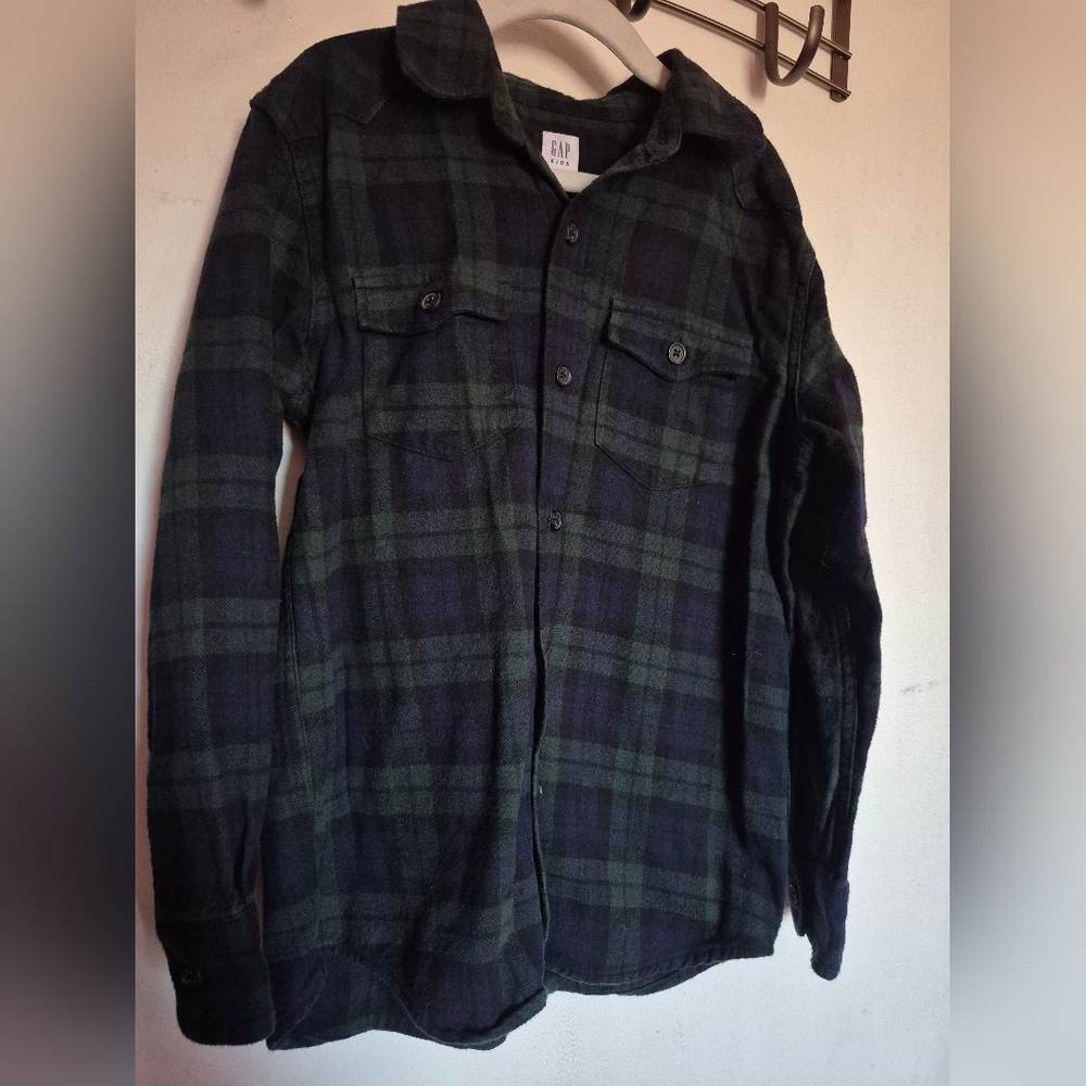 GAP Kids Dark Blue and Green Plaid Flannel
